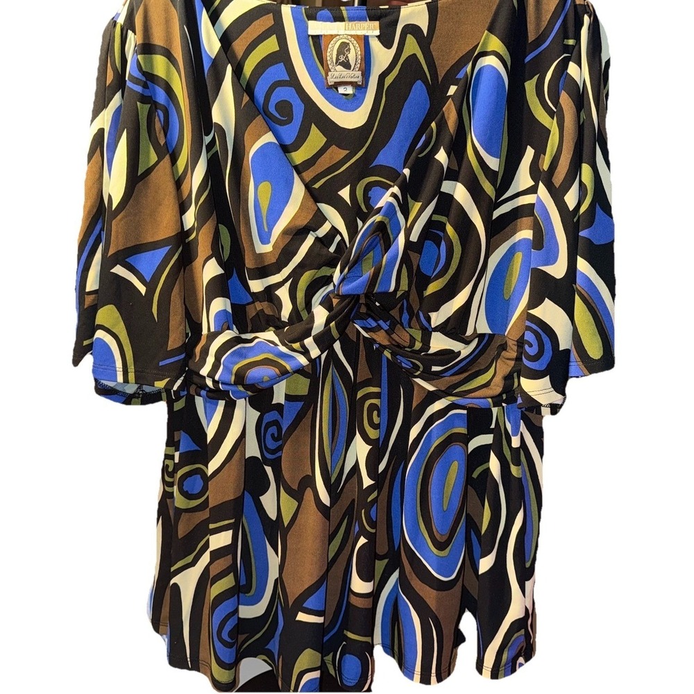 Olivia Harper Women's Multicolored Blue Green Brown Blouse Size 2 - Picture 2 of 6